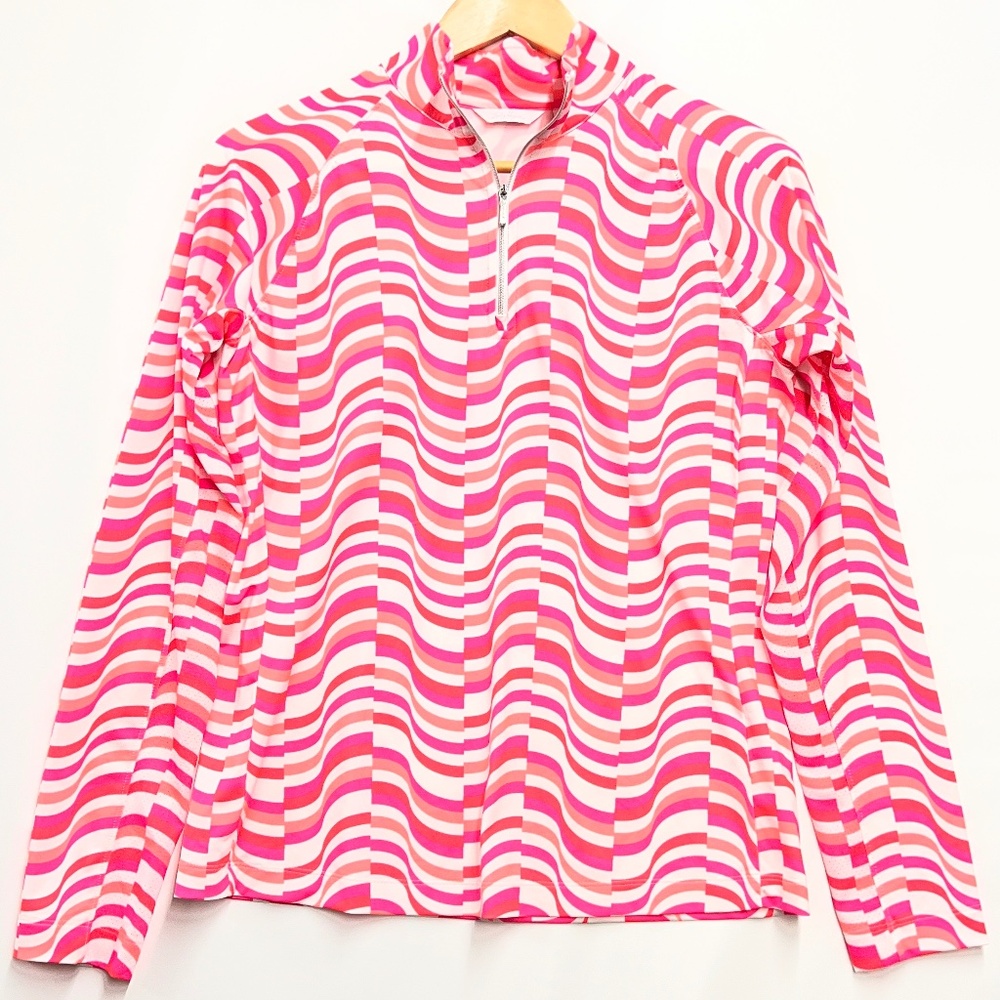 Lady Hagen Hydro Dri Pink and White Geometric Print 1/4 Zip Golf Pullover SPF 50